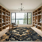 Ornate Black and Gold Damask Swirl Rug