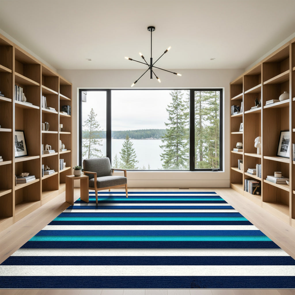 Modern Navy and Cyan Horizontal Stripe Rug
