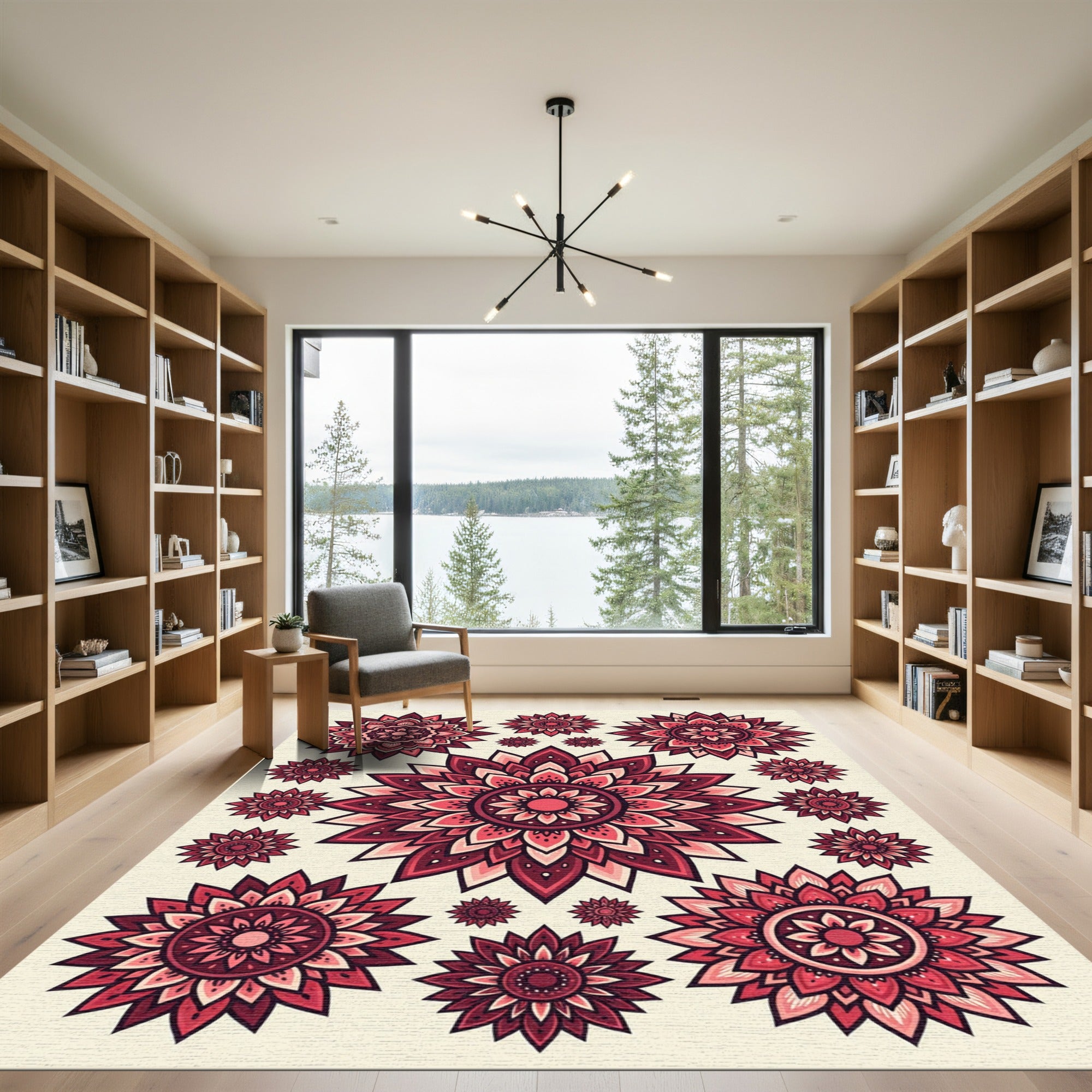 Burgundy Floral Mandala Medallion Composition Rug