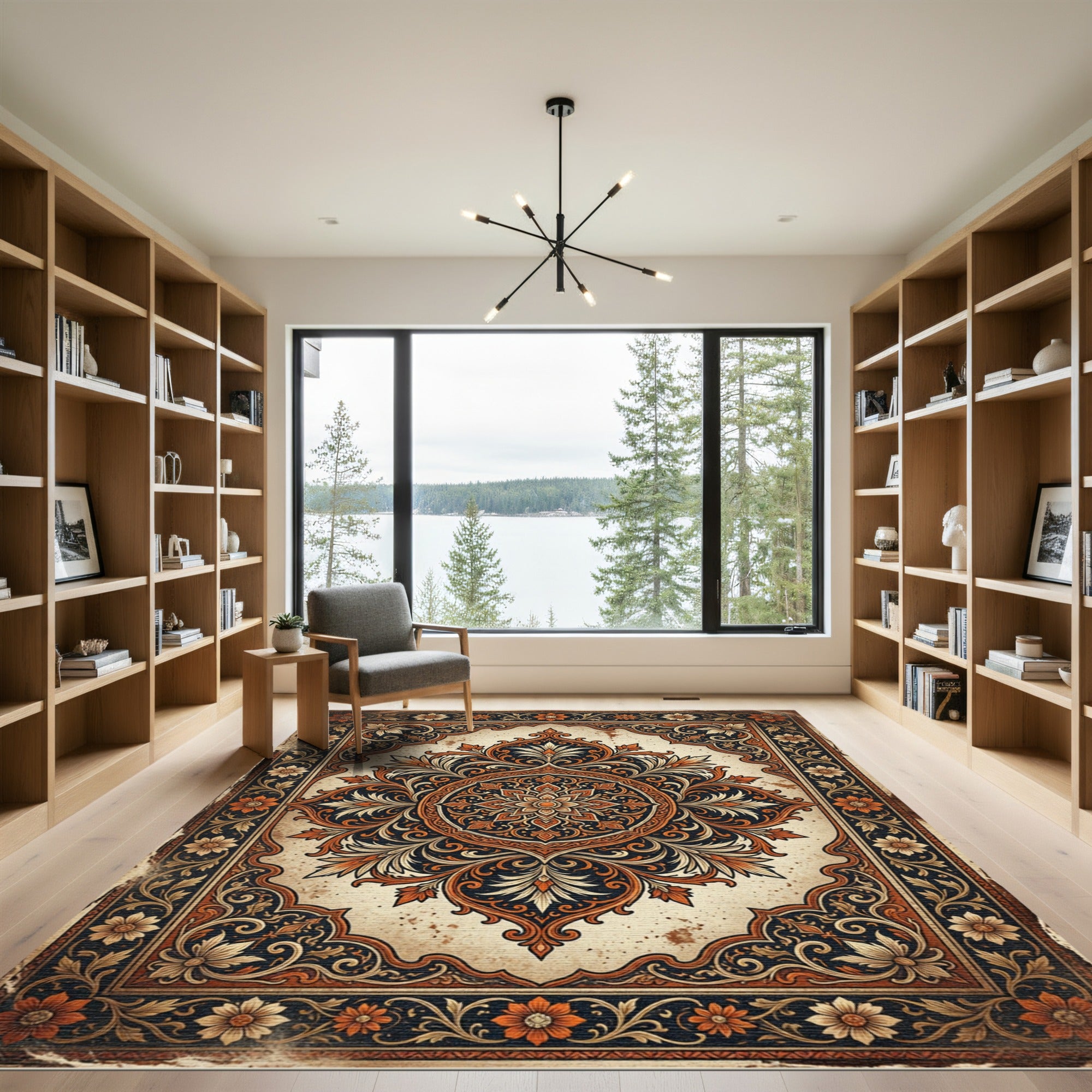Ornate Copper Floral Medallion Scroll Rug