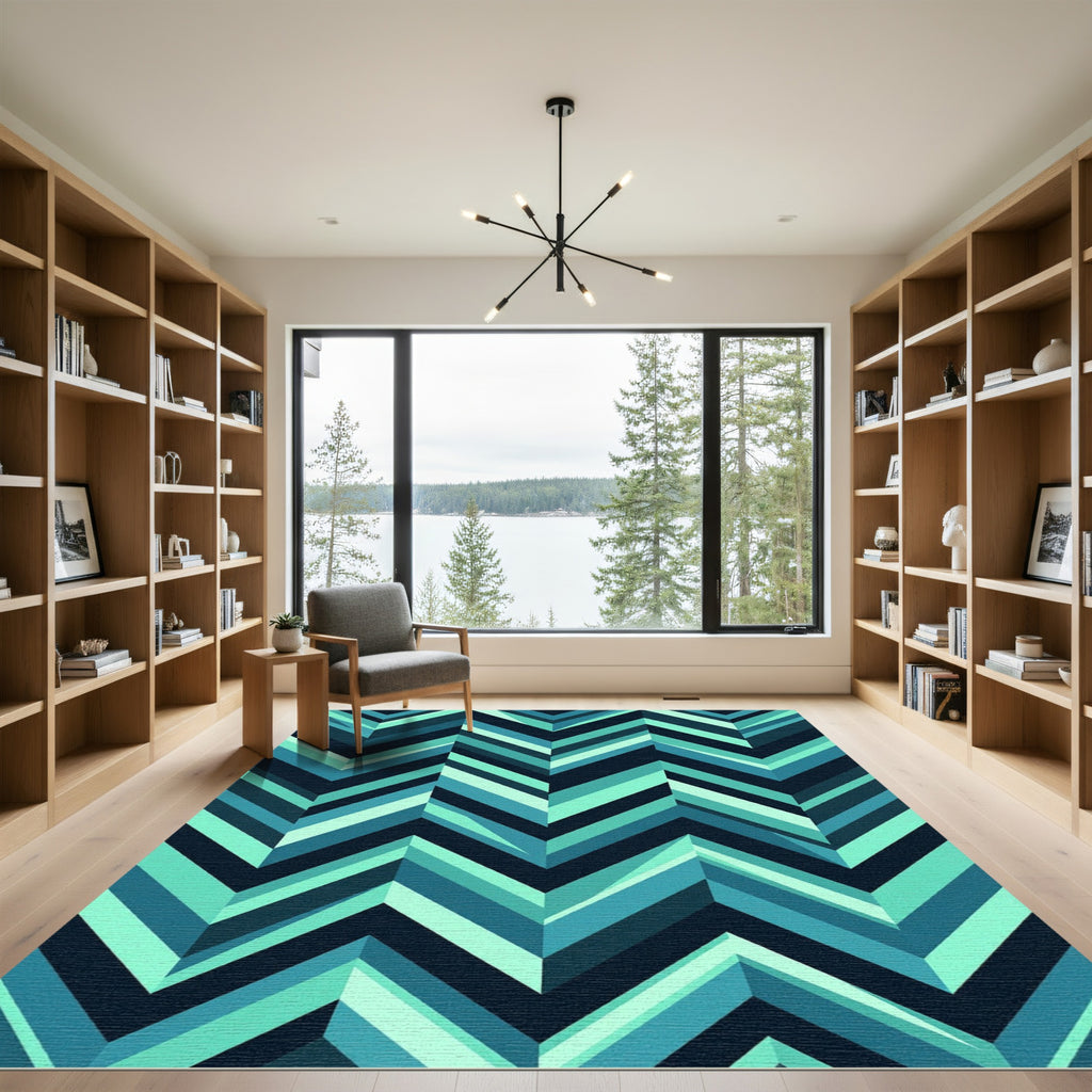 Teal Blue Chevron Geometric Accents Rug