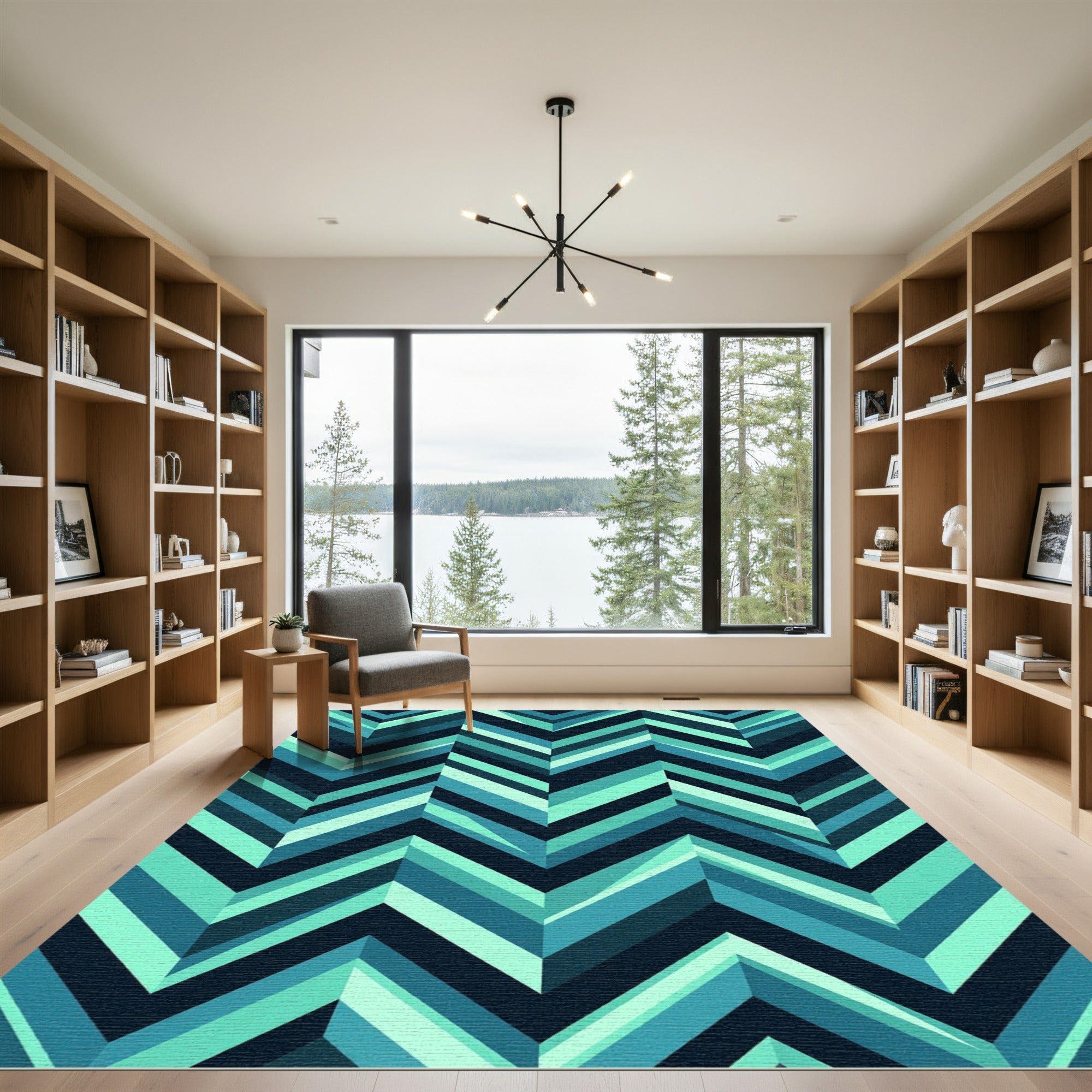 Teal Blue Chevron Geometric Accents Rug
