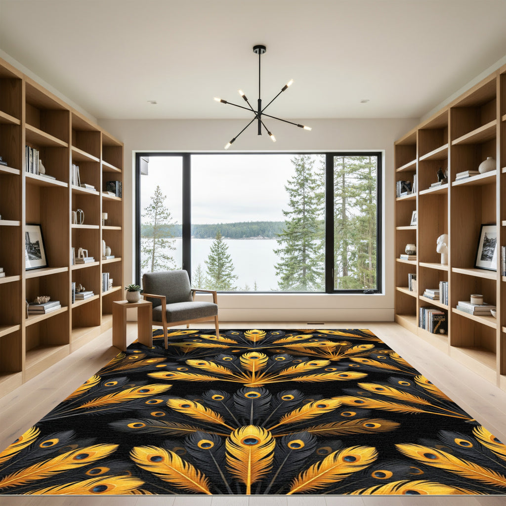 Golden Peacock Plume Fan Art Deco Rug