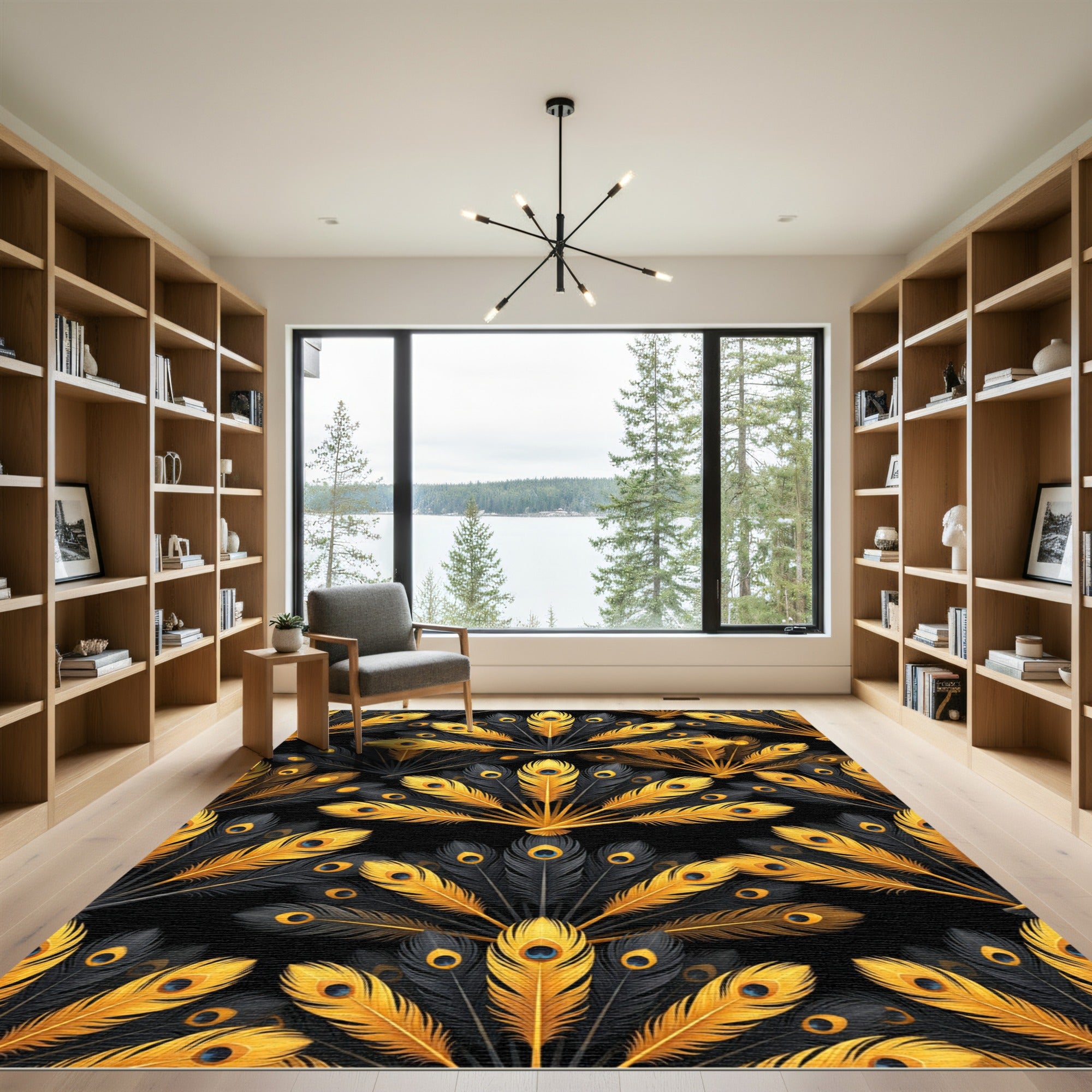 Golden Peacock Plume Fan Art Deco Rug