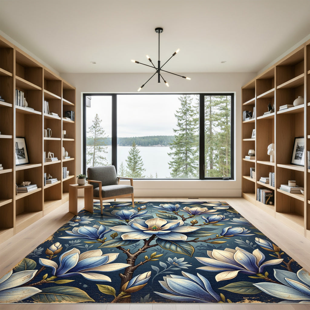 Blue White Magnolia Floral Branches Rug