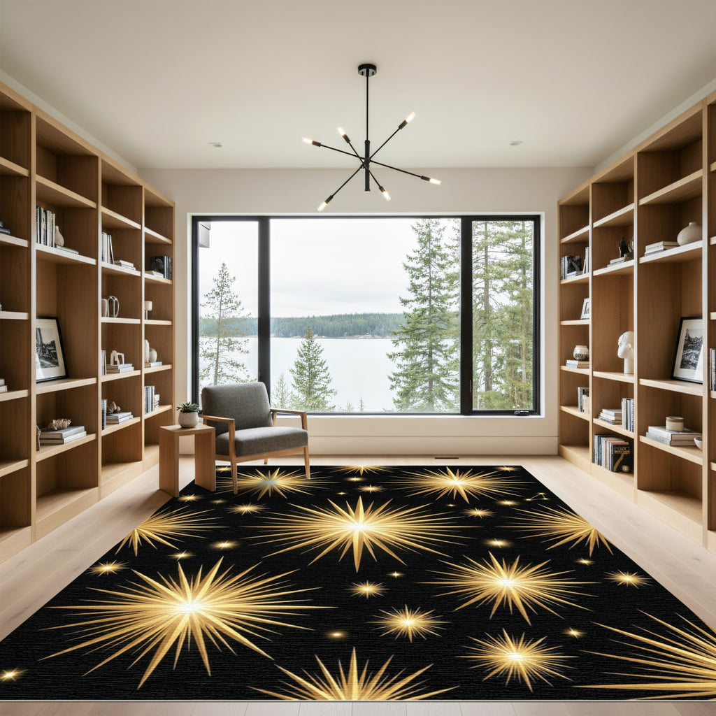 Golden Celestial Starburst Night Sky Rug