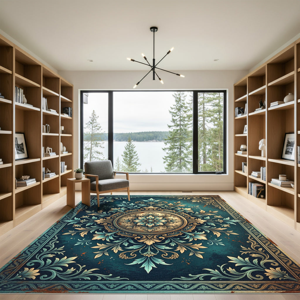 Ornate Teal and Gold Floral Medallion Rug
