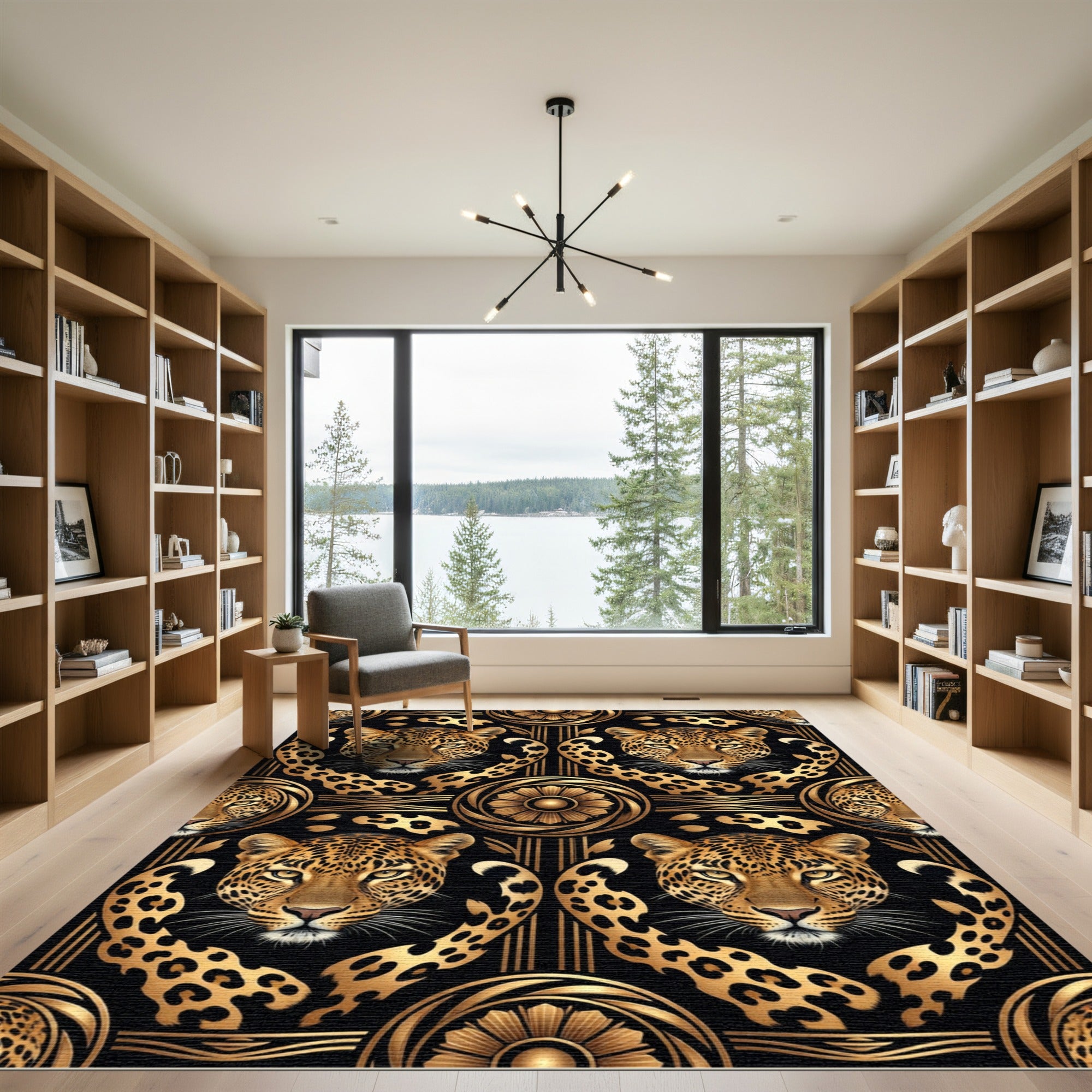Luxury Gold Black Leopard Animal Art Rug