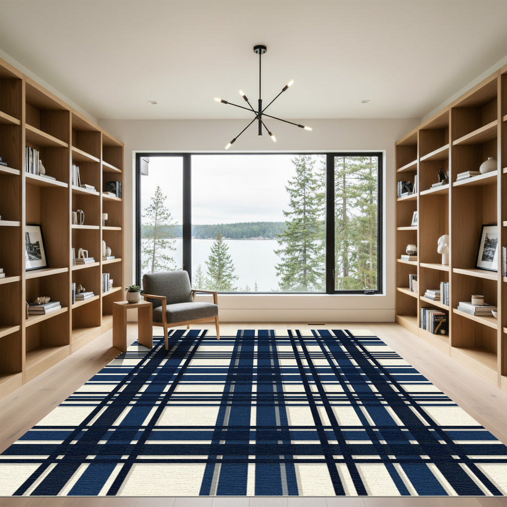 Navy Blue Cream Plaid Checked Rug
