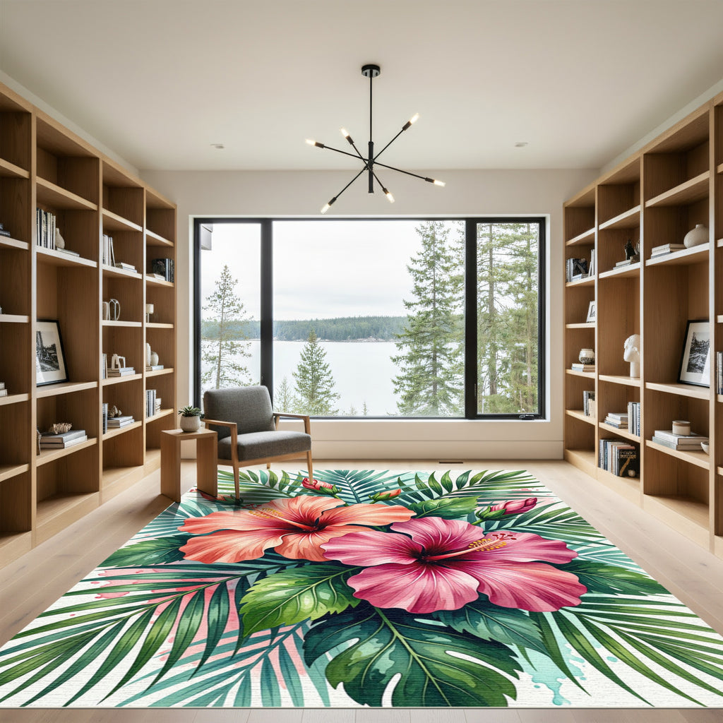 Tropical Pink Hibiscus Floral Art Rug