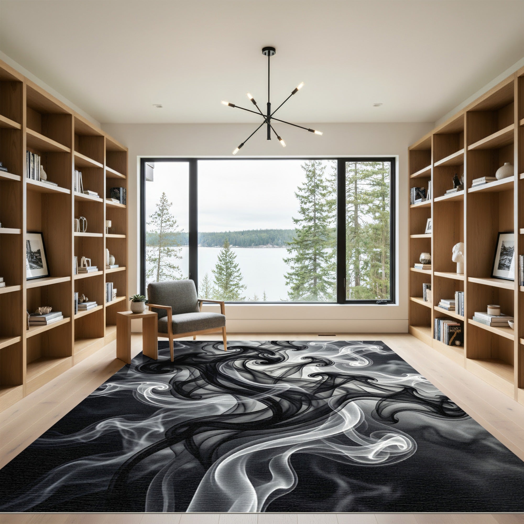 Black White Wispy Smoke Swirls Rug