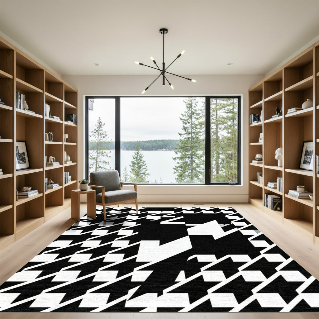 Bold Black and White Houndstooth Abstract Rug