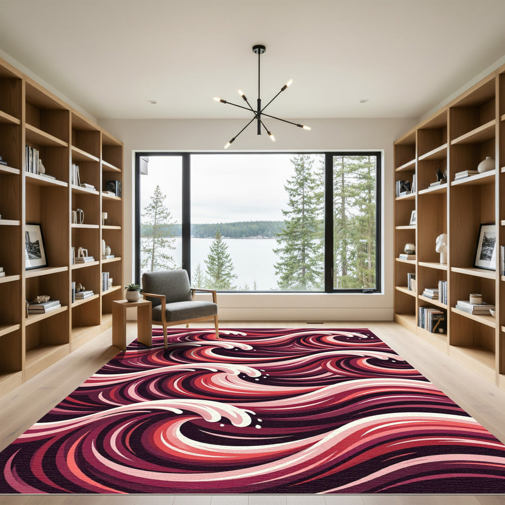 Crimson Abstract Swirling Wave Accent Rug