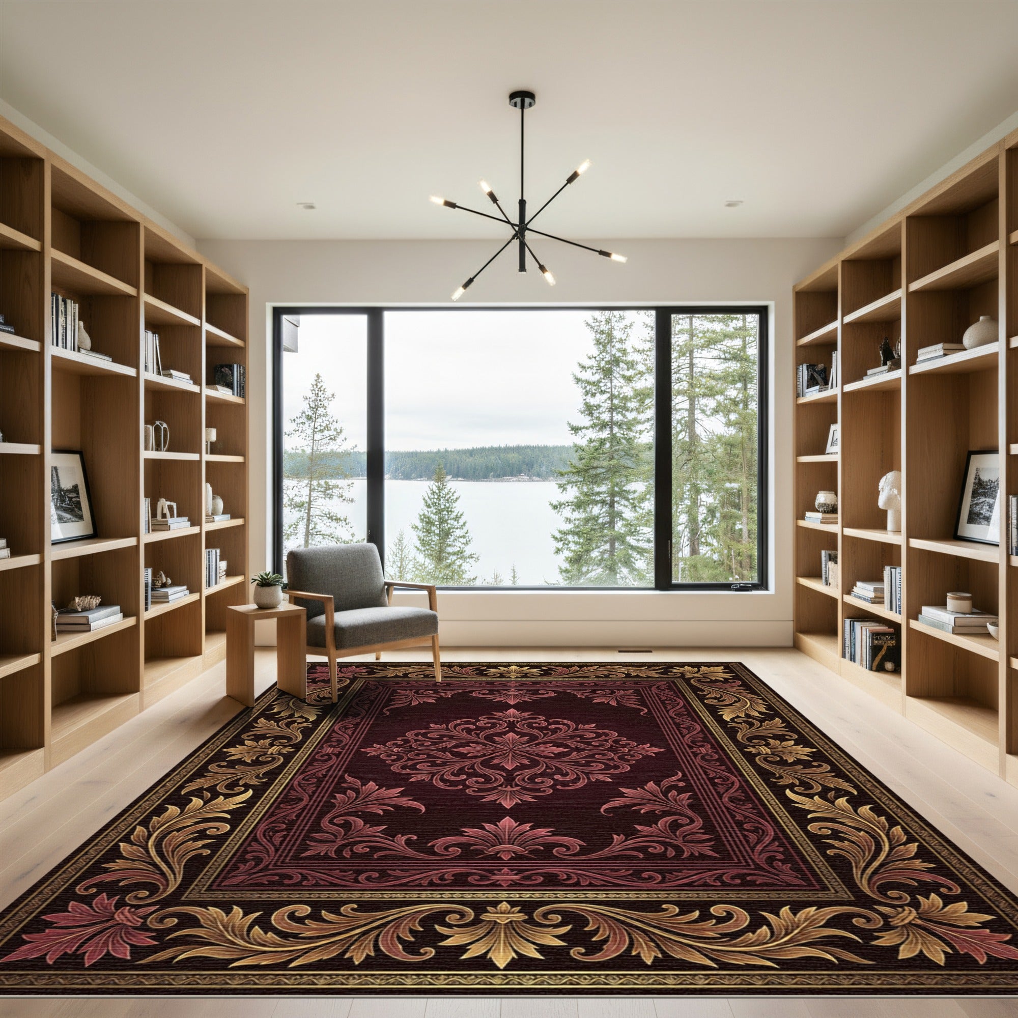 Ornate Damask Burgundy and Gold Medallion Rug