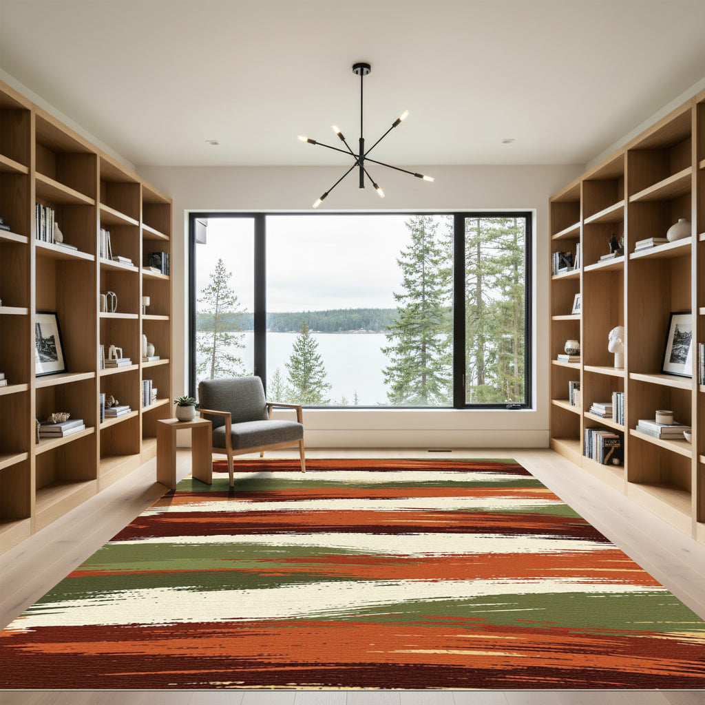 Earthy Forest Brushstroke Striped Area Rug