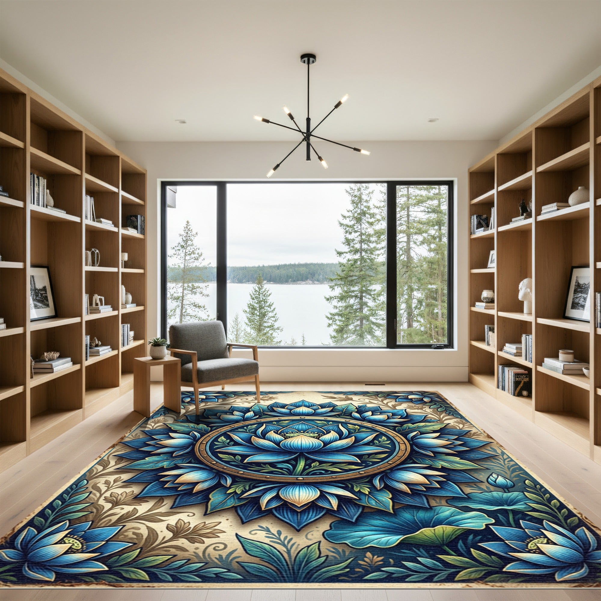 Blue Lotus Mandala with Golden Framing Rug