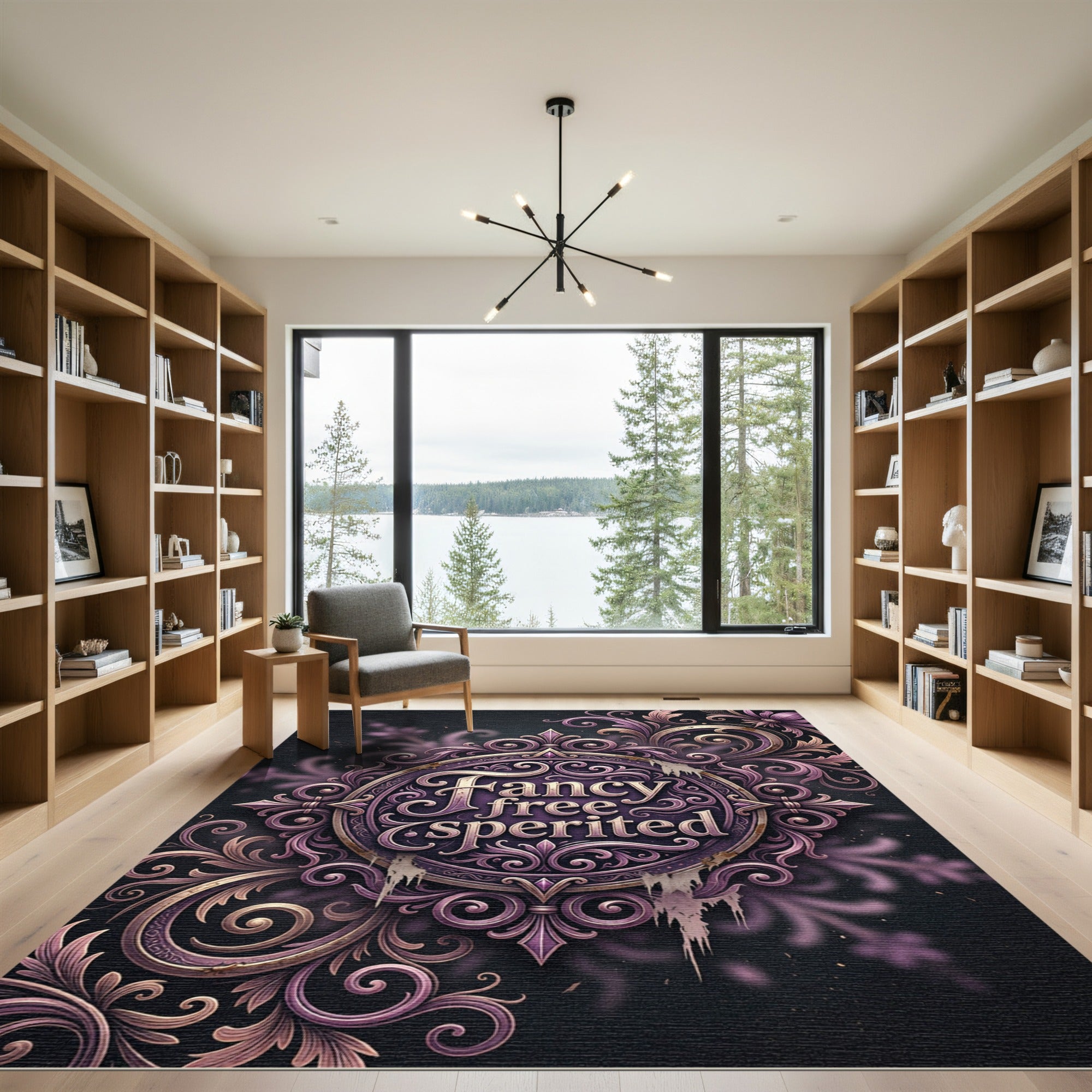 Ornate Plum Filigree Damask Scroll Emblem Rug