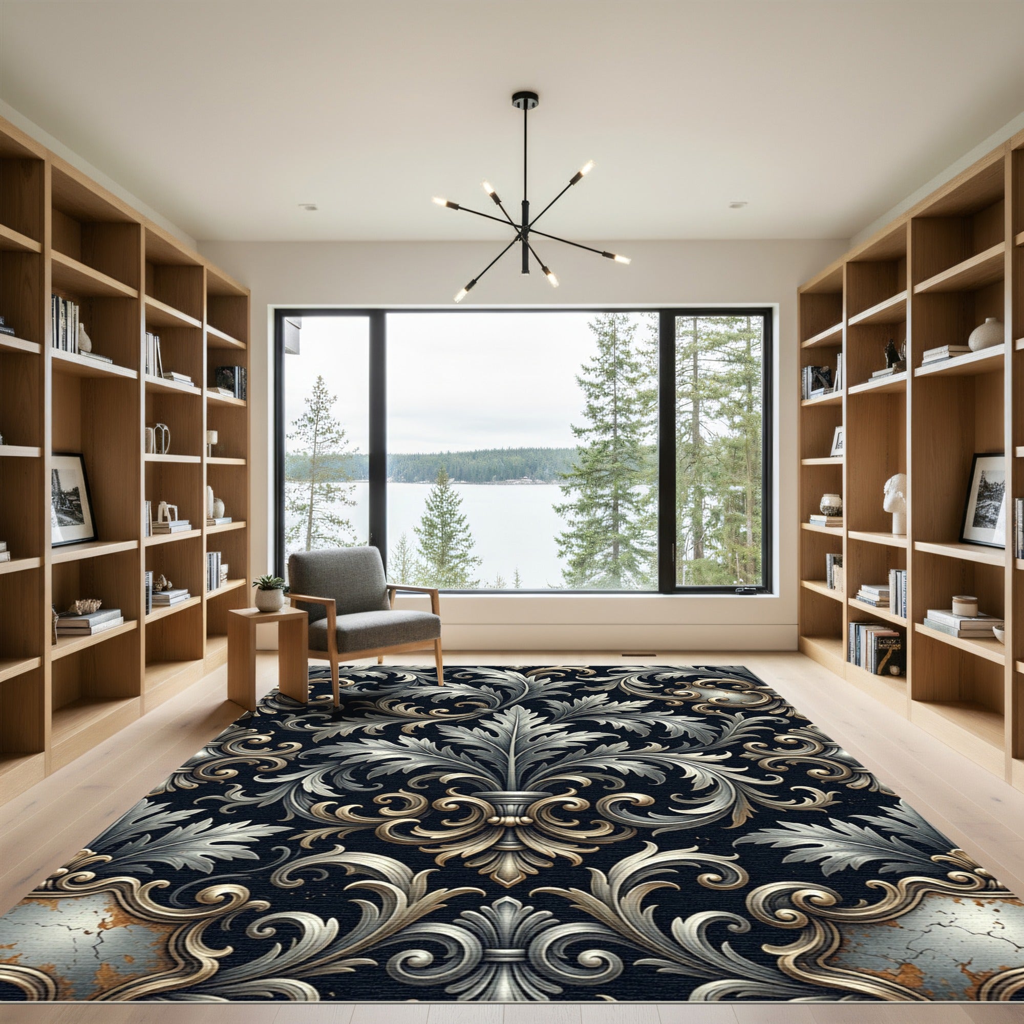 Ornate Silver Gold Acanthus Scroll Rug