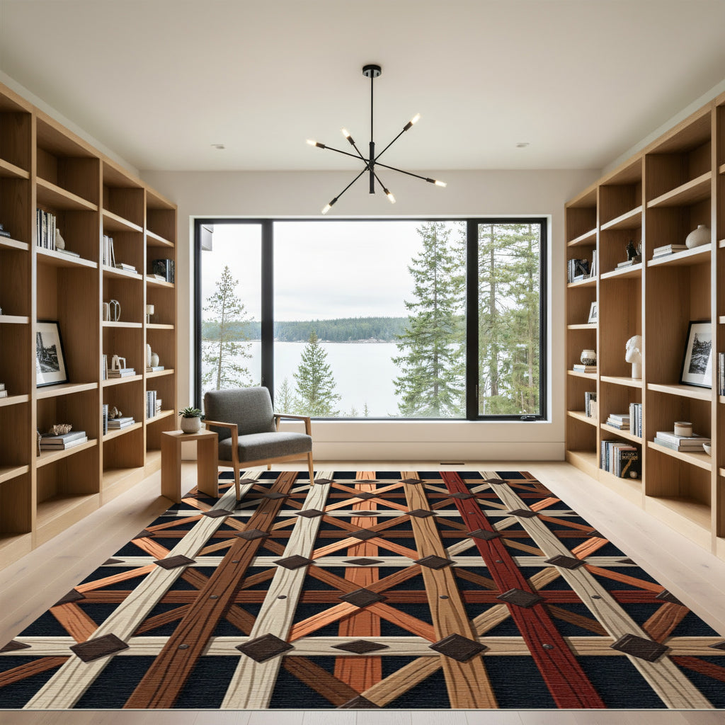 Rustic Brown Lattice Geometric Grid Rug