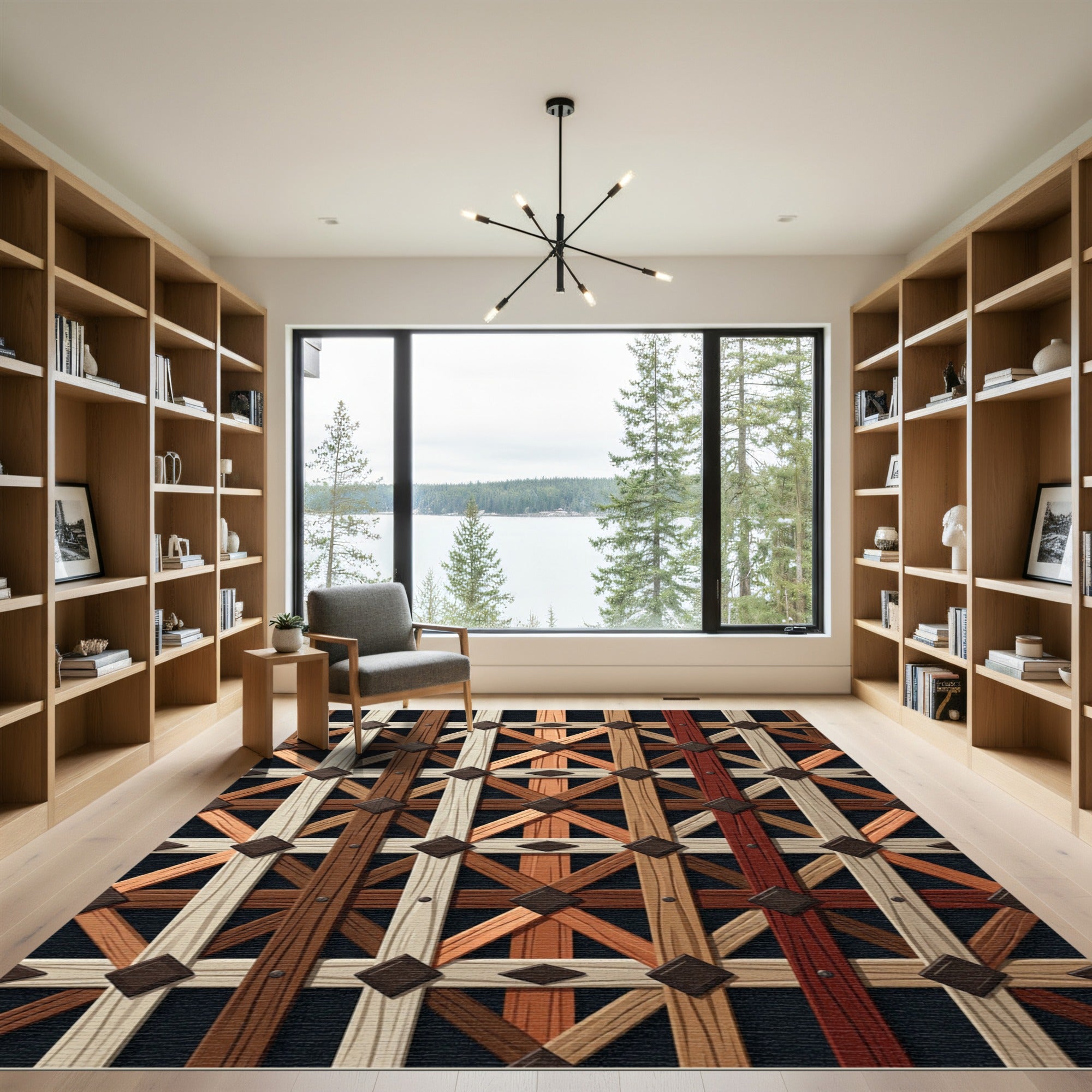 Rustic Brown Lattice Geometric Grid Rug