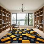Modern Golden Gray Geometric Block Art Rug