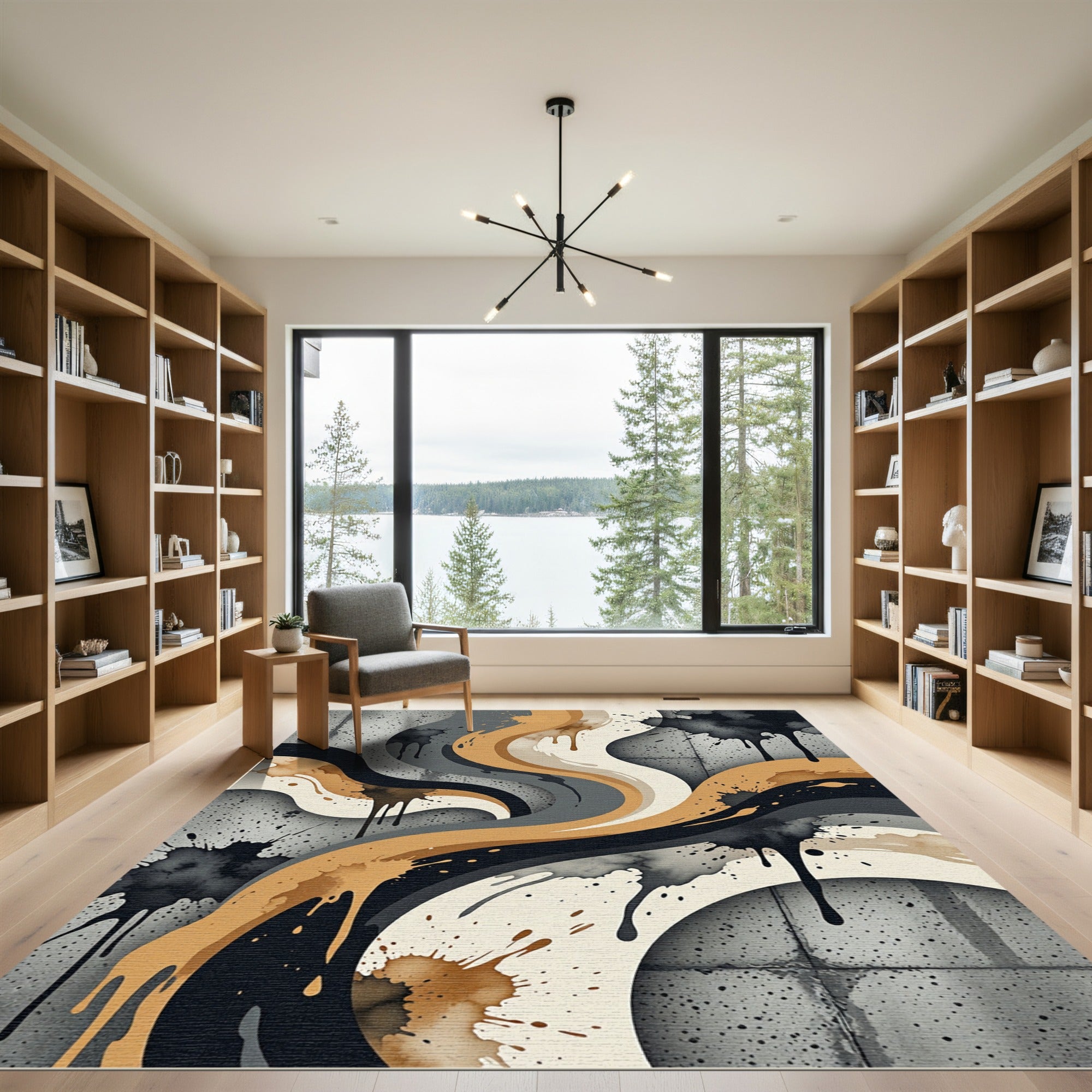 Abstract Beige Black Gray Swirl Splatter Rug