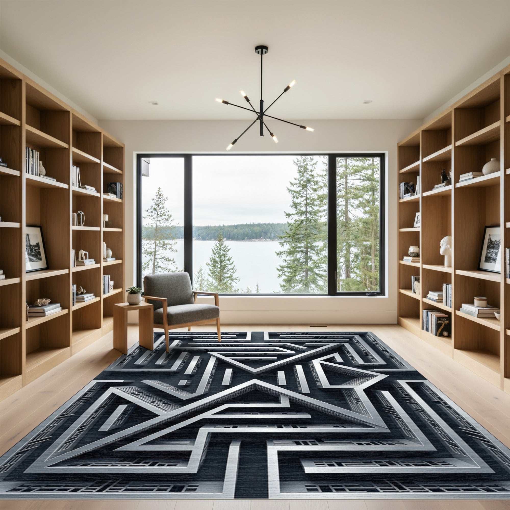 Architectural Monochrome Geometric Maze Interior Rug