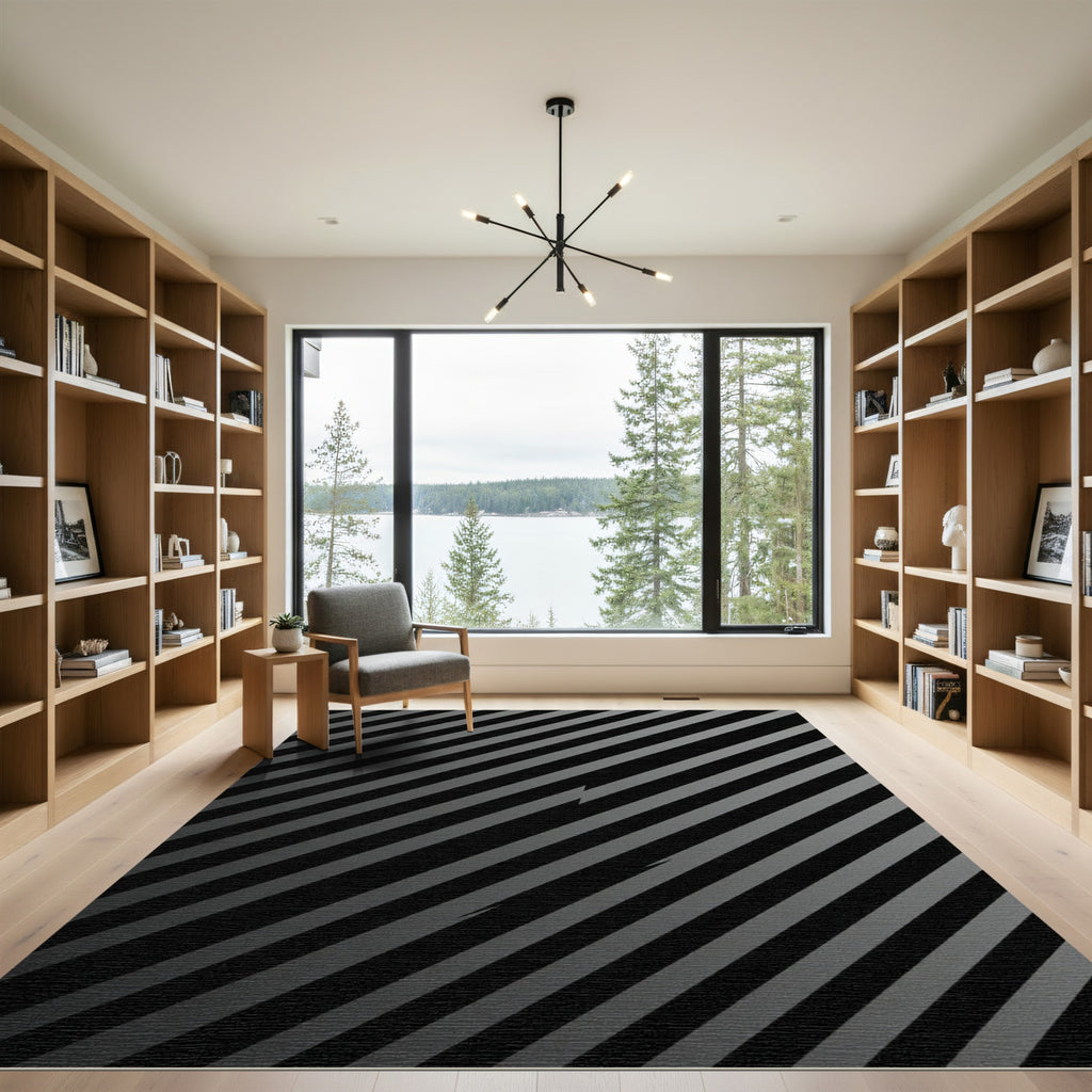 Modern Monochrome Diagonal Striped Graphic Rug