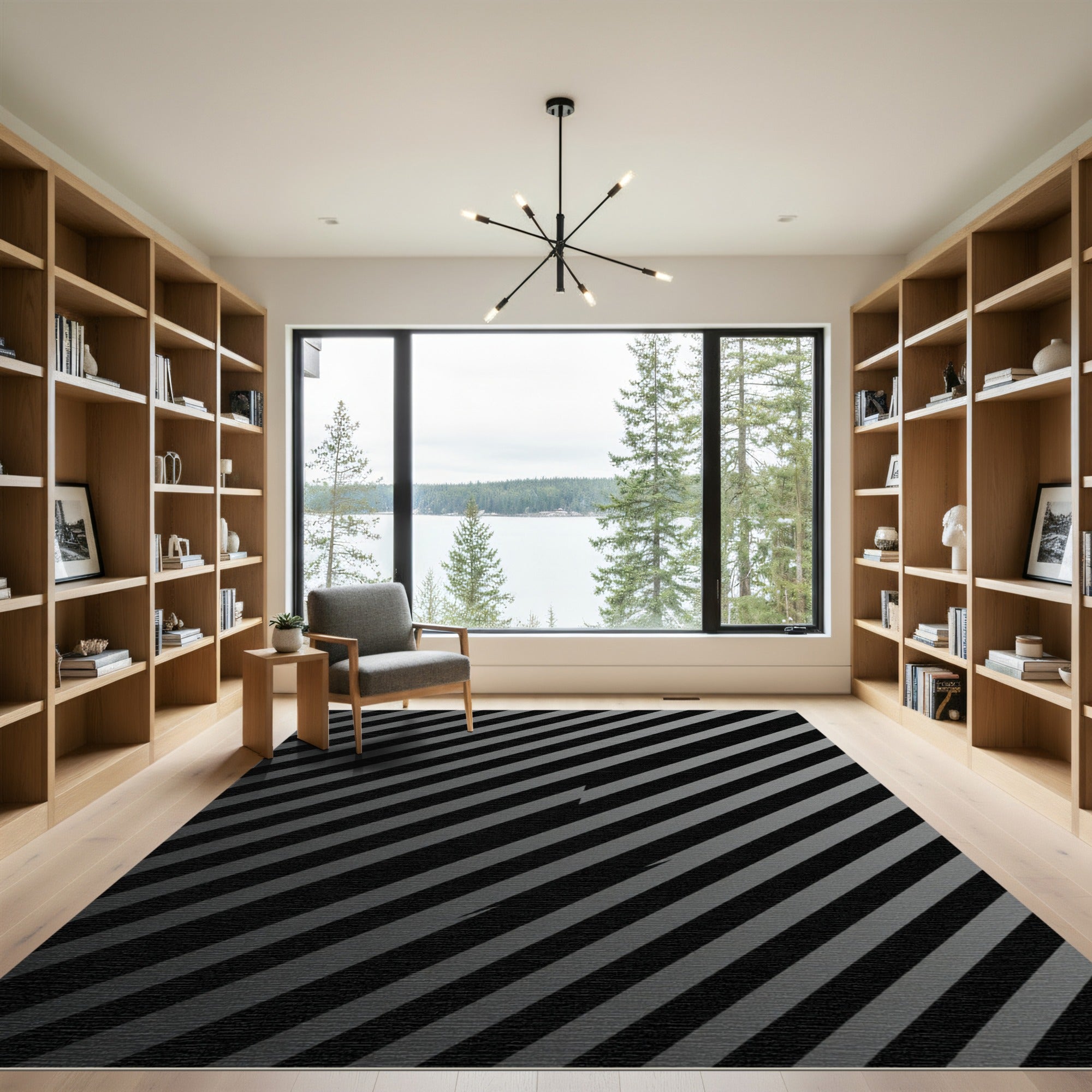 Modern Monochrome Diagonal Striped Graphic Rug