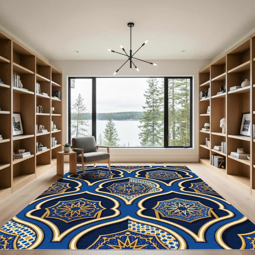 Royal Blue Geometric Gold Star Medallion Rug