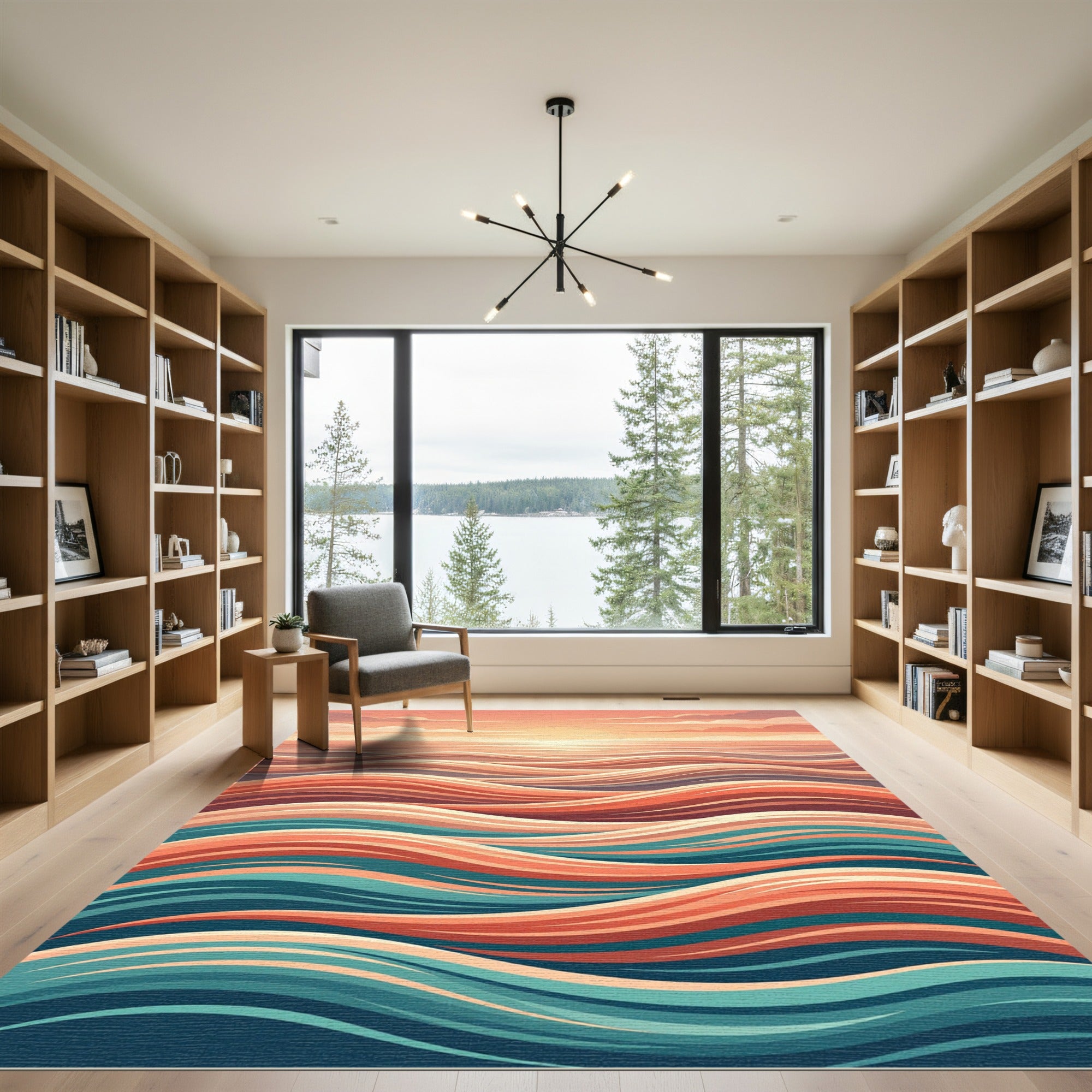 Sunset Coral Teal Wave Landscape Rug