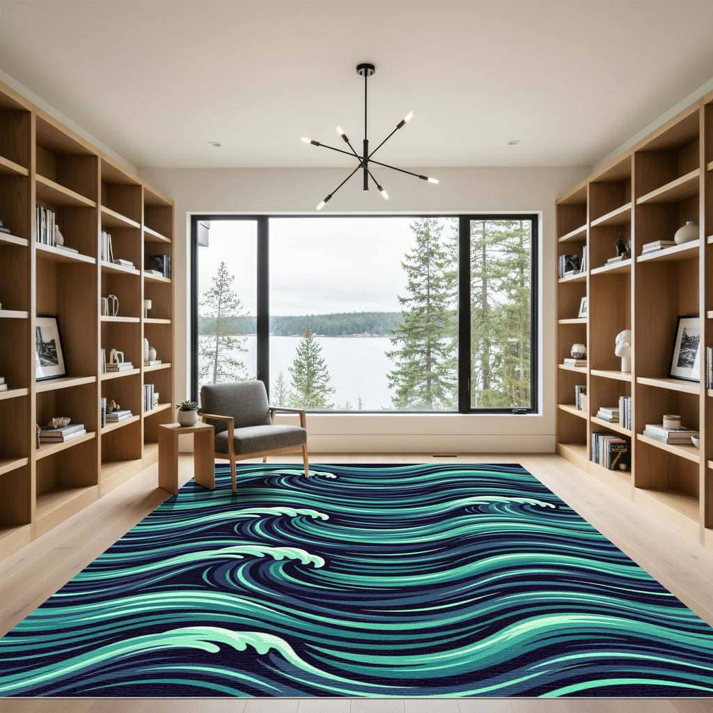 Dynamic Blue Turquoise Swelling Ocean Wave Rug