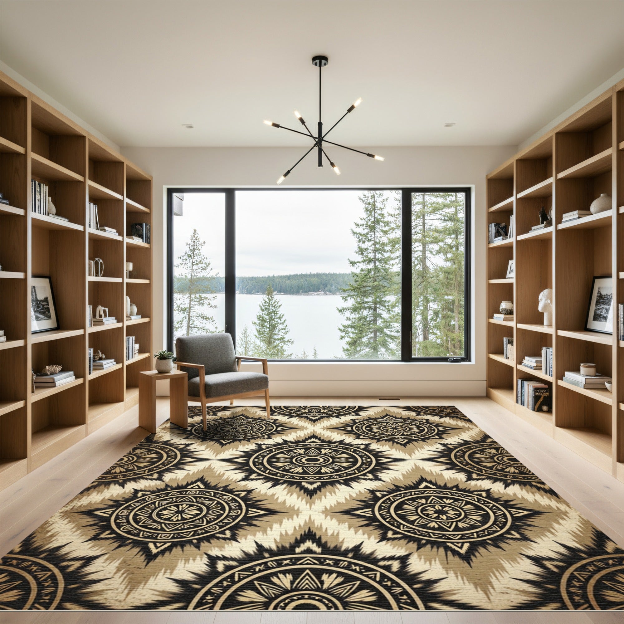 Black Golden Sunburst Ethnic Rug