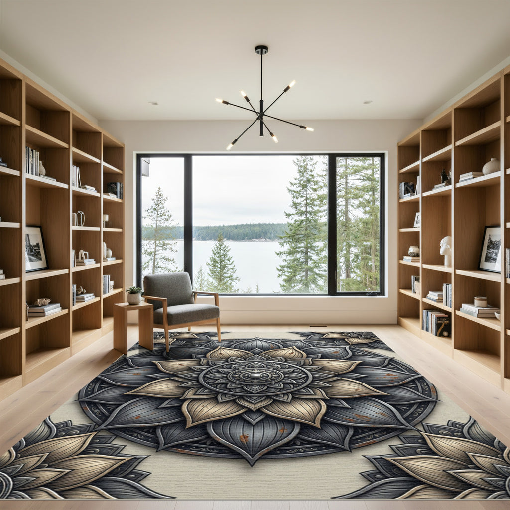 Metallic Silver Gold Floral Mandala Rug