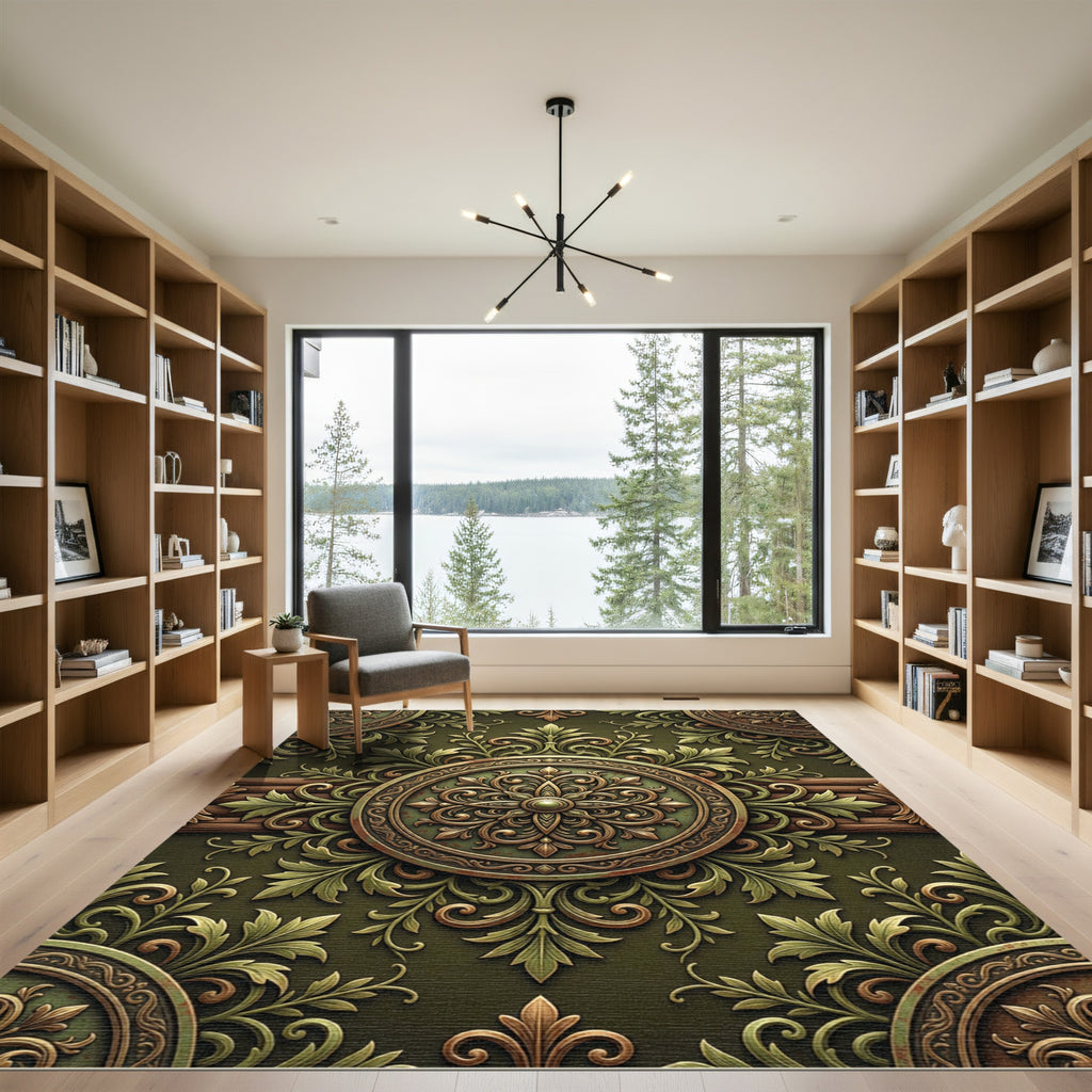 Ornate Olive Green Damask Medallion Rug