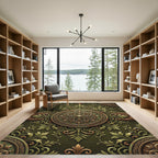 Ornate Olive Green Damask Medallion Rug