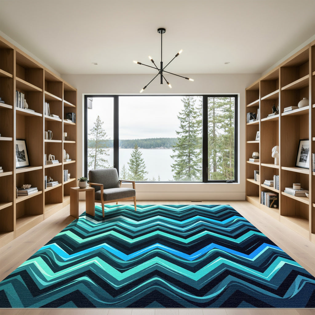 Aqua Blue Wavey Chevron Rug