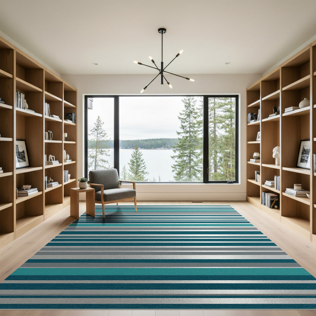 Teal Gray Silver Horizontal Stripe Rug