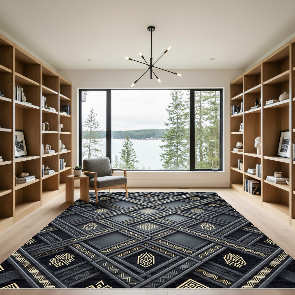 Dark Gold Geometric Lattice Rug