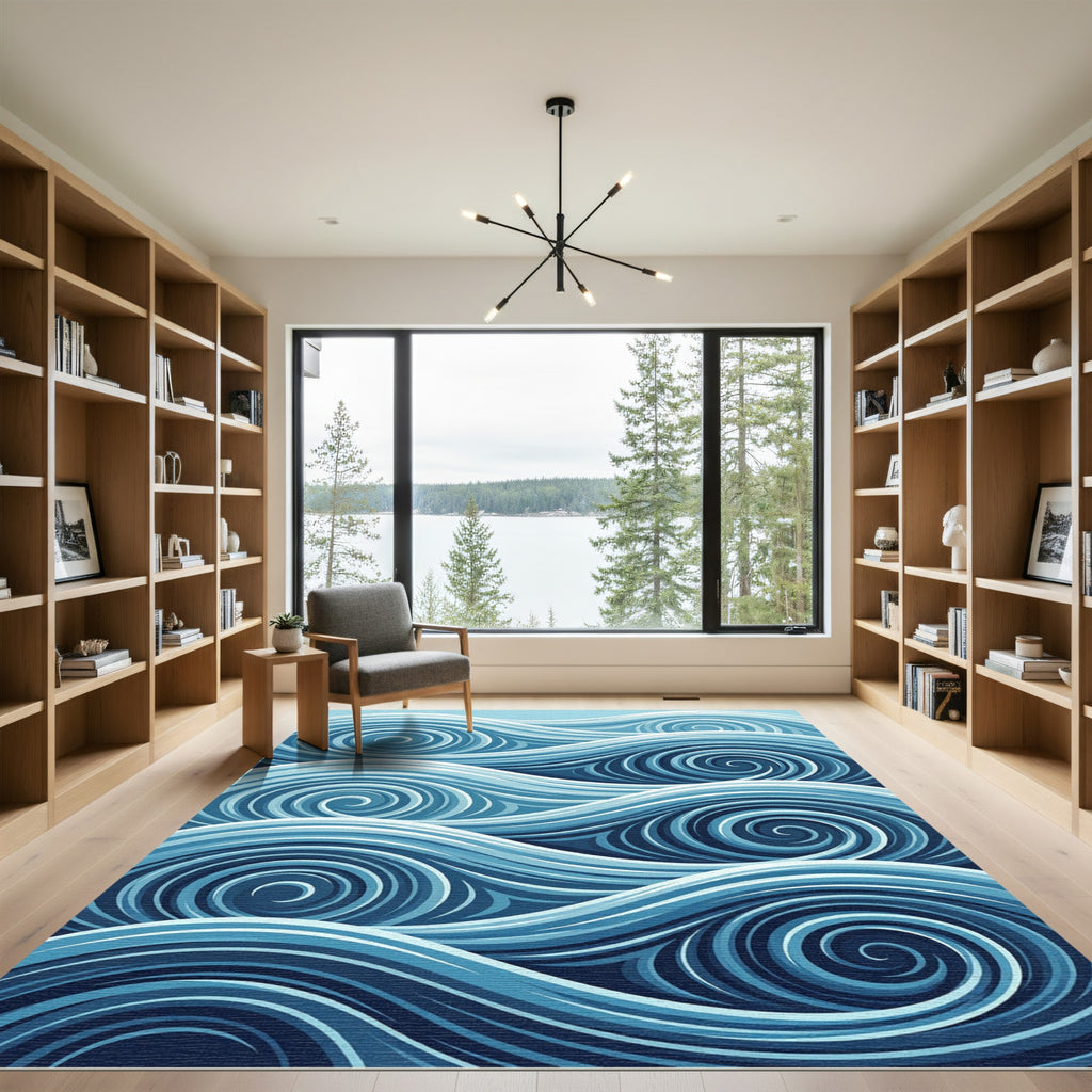 Oceanic Blue Abstract Swirling Waves Rug