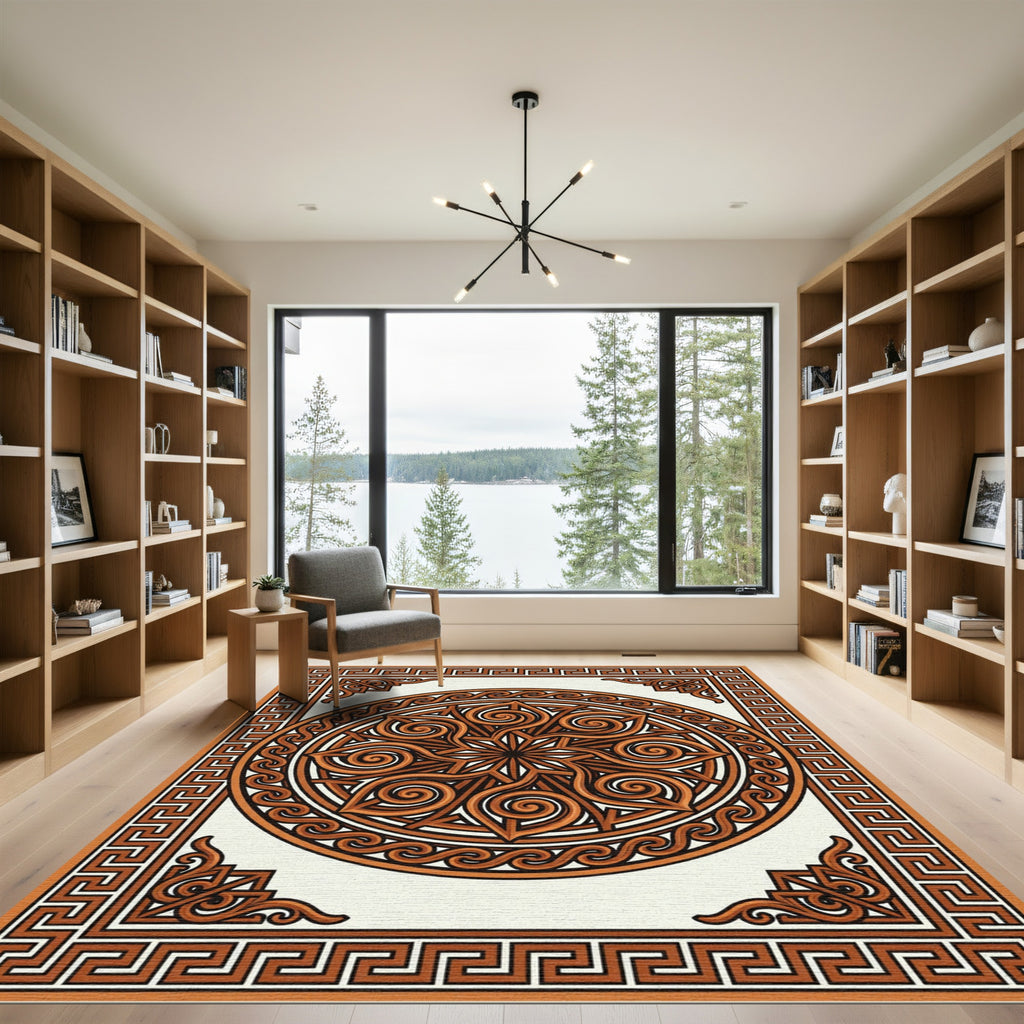 Classic Terracotta Greek Key Spiral Medallion Rug