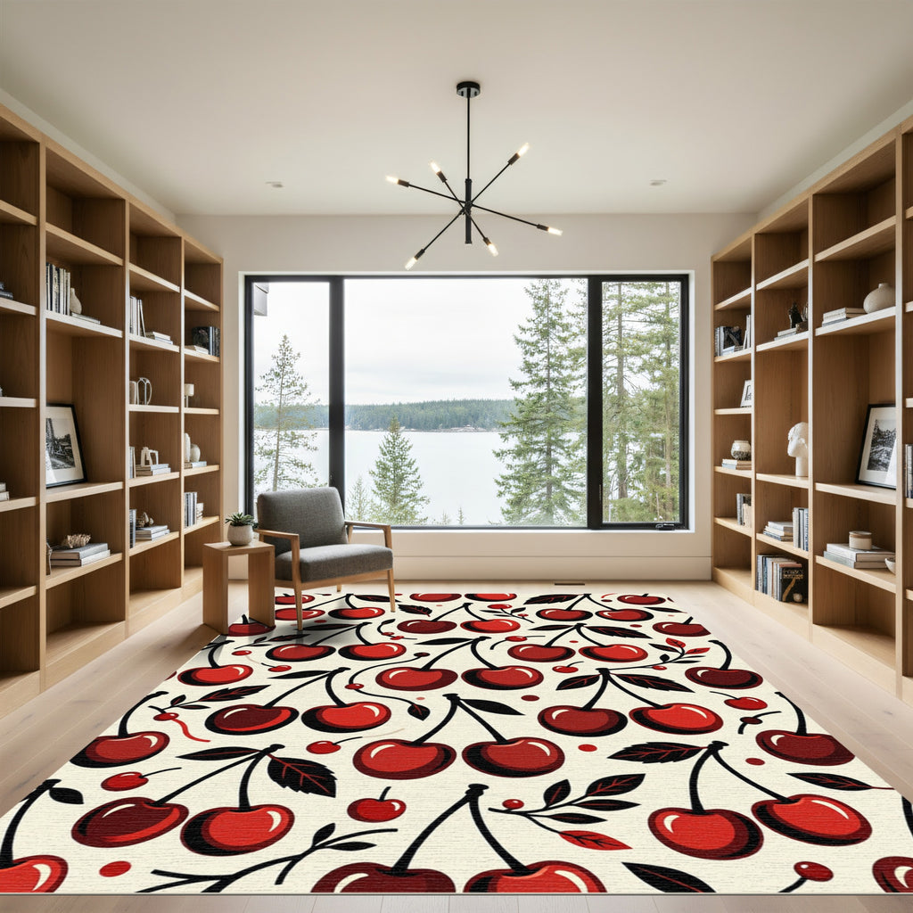 Whimsical Crimson Cherry Fruit Illustration Rug