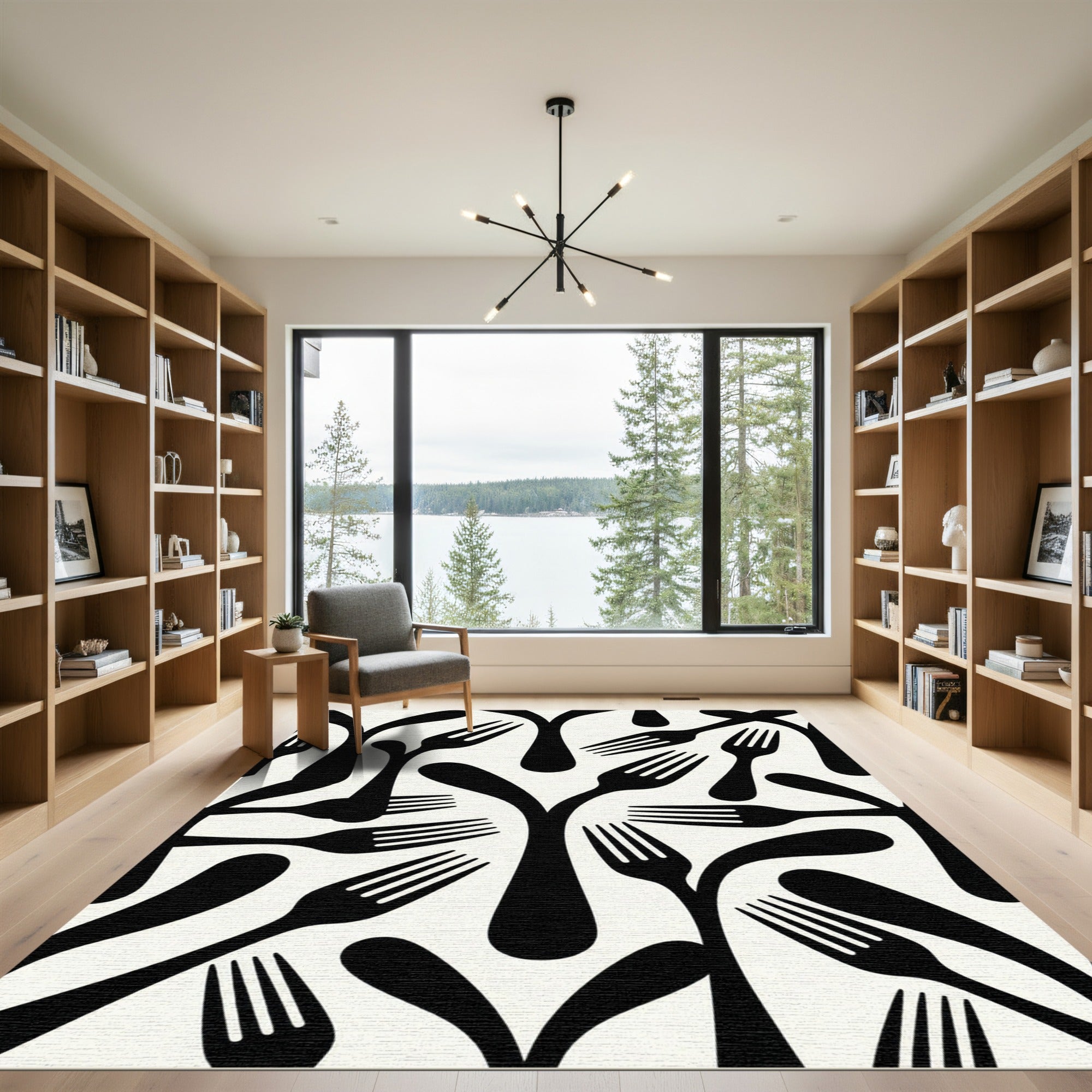 Black Abstract Fork Composition Rug
