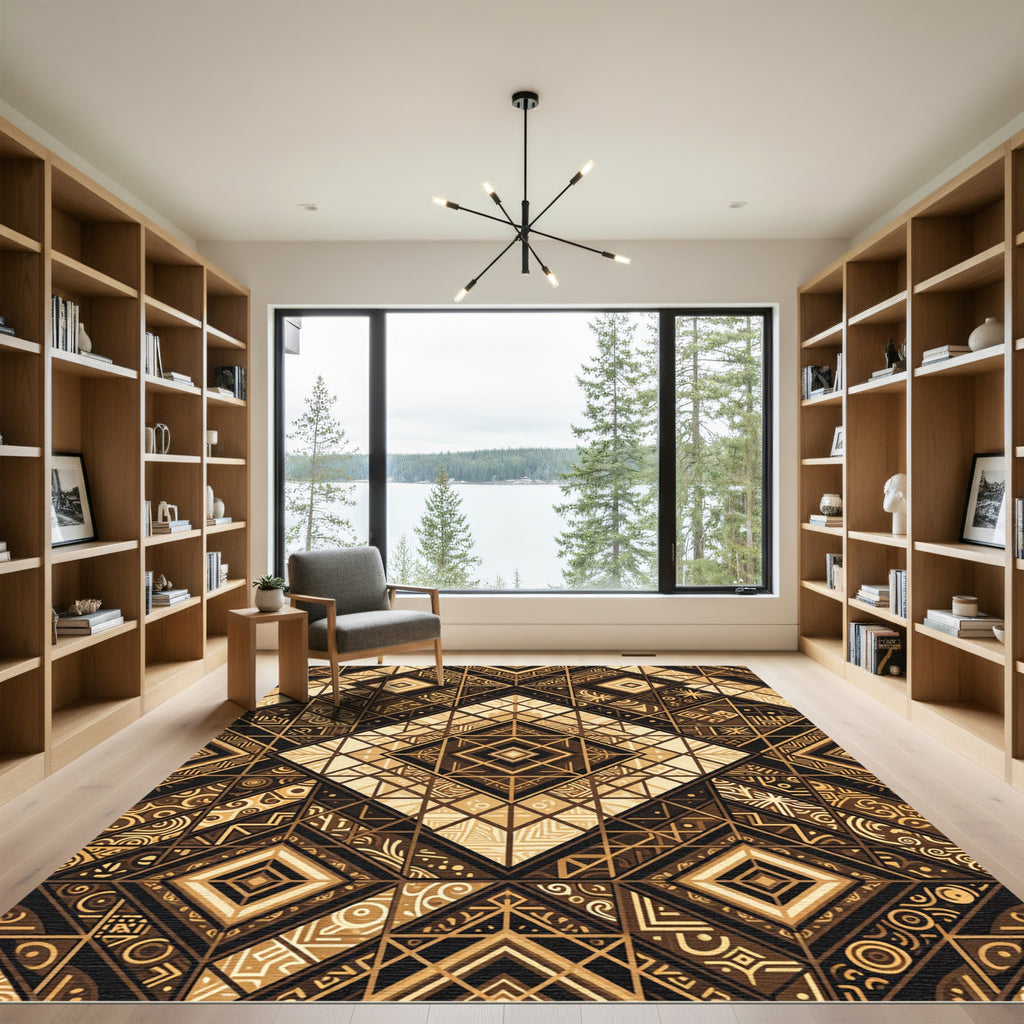 Golden Earth Tone Tribal Diamond Geometry Rug