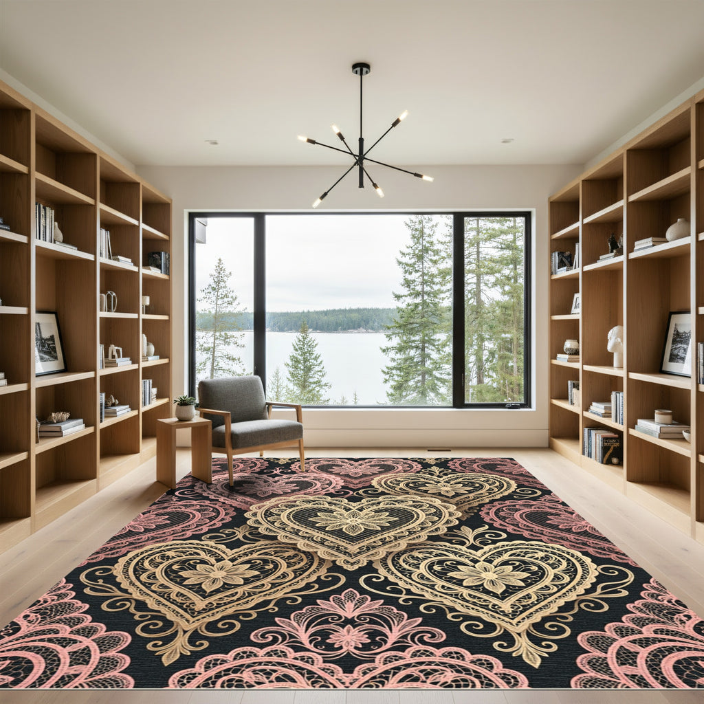 Intricate Gold Lace Heart Damask Rug