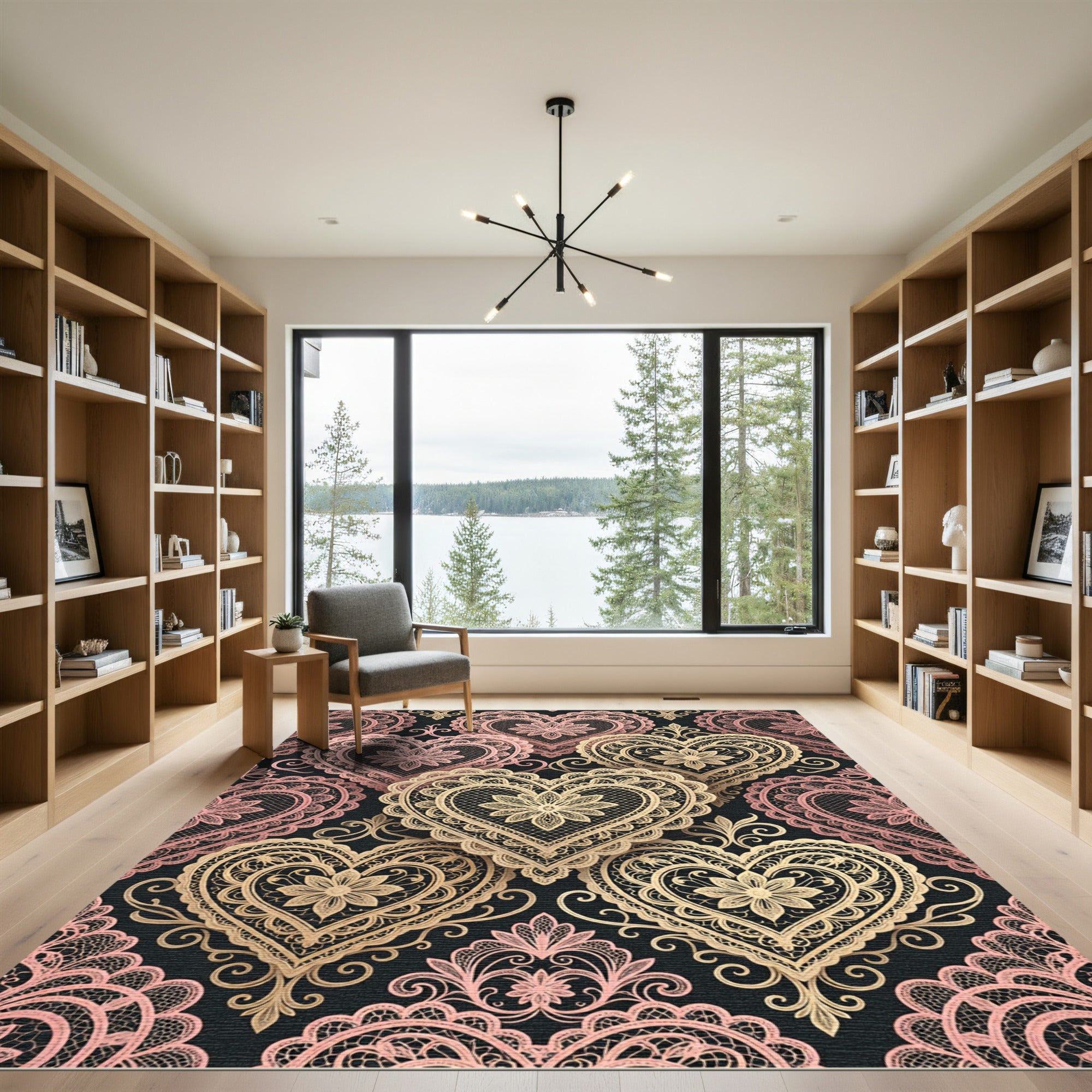 Intricate Gold Lace Heart Damask Rug