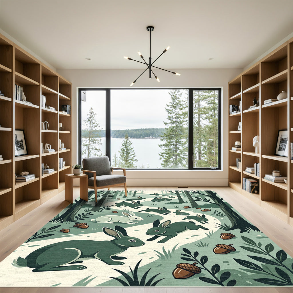 Whimsical Sage Woodland Rabbit Forest Rug