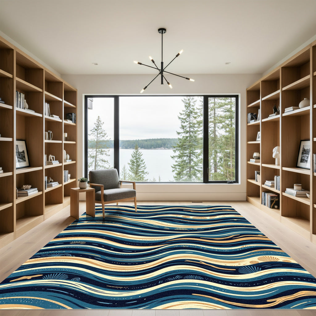Coastal Navy and Golden Shell Waves Rug