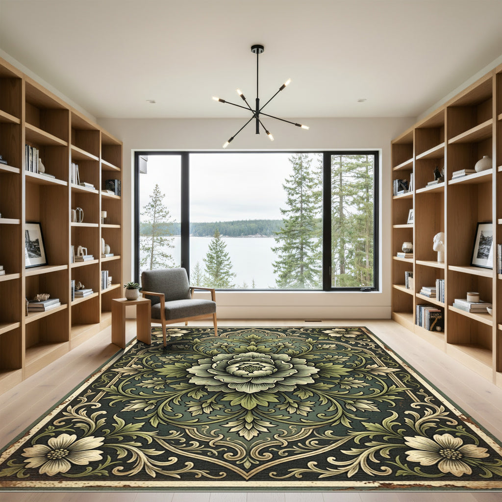 Dark Teal Floral Medallion Ornament Rug