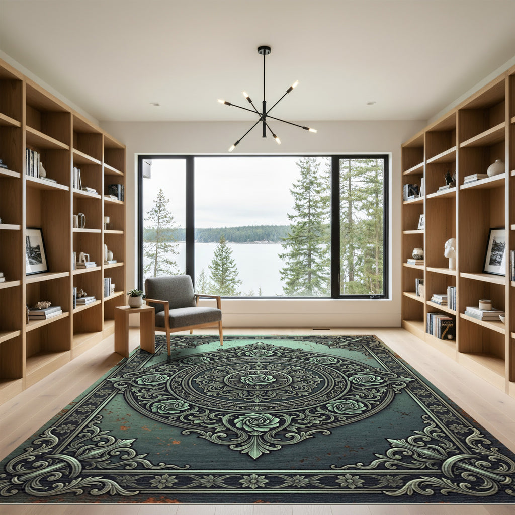 Ornate Sage Teal Floral Medallion Rug